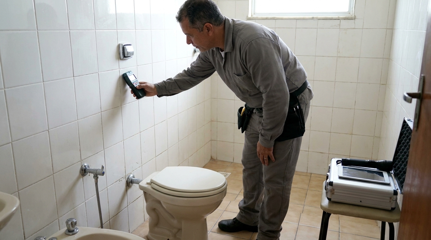 Técnico de caça vazamento analisando tubulação em Presidente Prudente‑SP