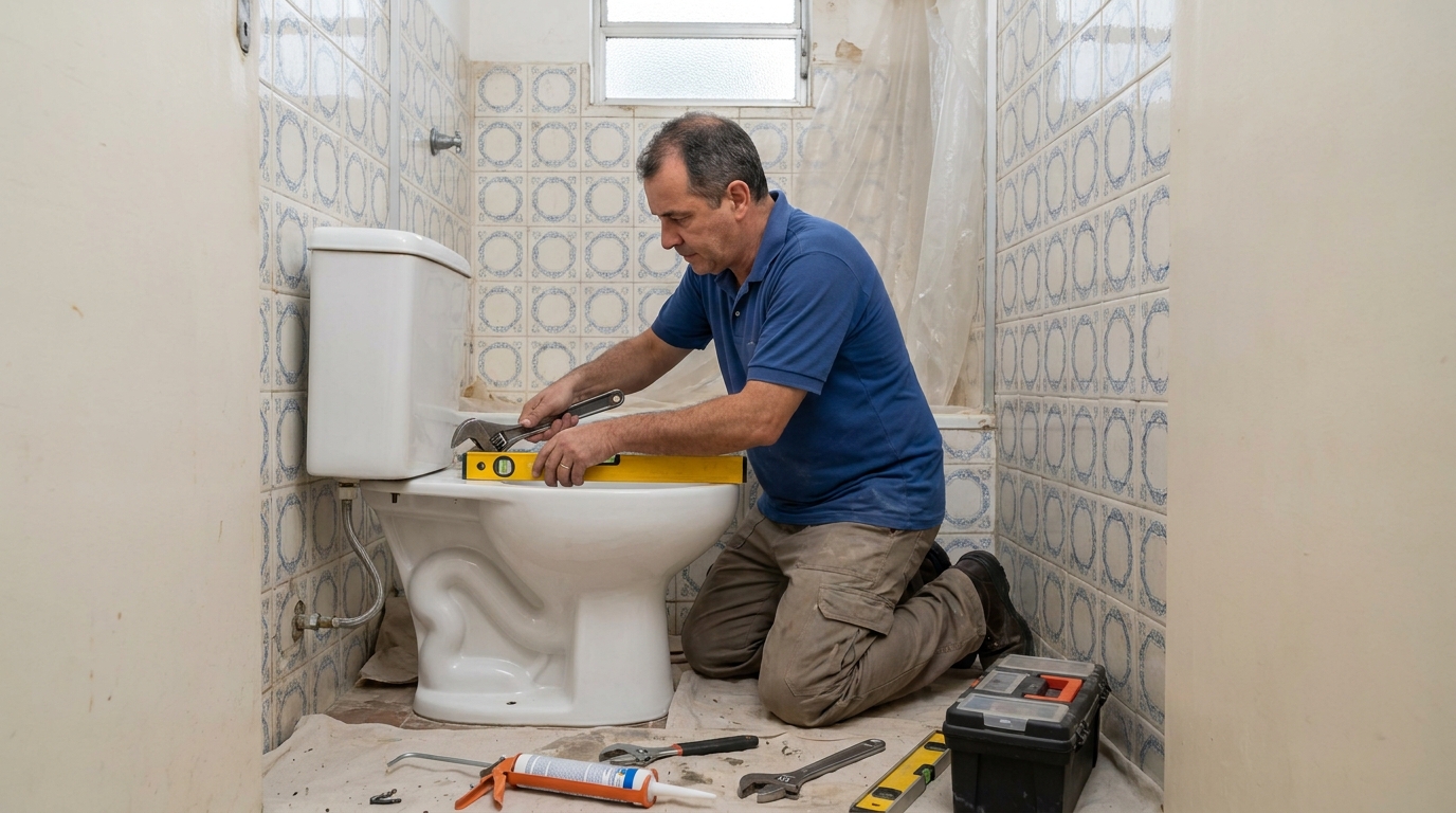 Técnico instalando vaso sanitário em Presidente Prudente‑SP